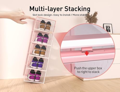 Kuject X-Large Shoe Storage Boxes Organizers Clear Plastic Stackable 12 Pack, Shoe Rack & Holder Substitute, Sneaker Containers, Toy Storage Organizer Bins for Entryway, Closet, Under Bed, Pink - color: Pink, size: X-Large
