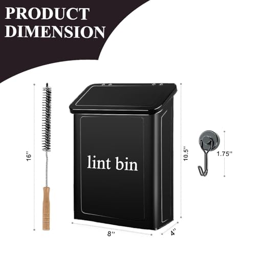Magnetic Lint Bin with Lint Brush, two white hooks, one black back hook & all accessories for Laundry Room decor, Wall-Mounted Lint Bin with Lid, Powder Coated, Space-Saving Trash Can (Black) - color: Black