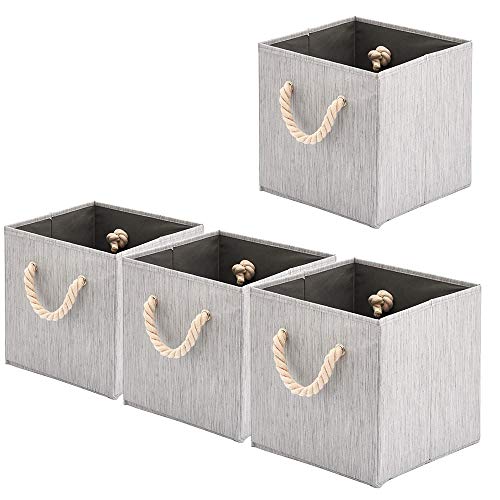 Foldable Bamboo Fabric Storage Bins [set of 4] with Cotton Rope Handles, Collapsible Organizer Boxes Basket - 10.5 x 10.5 x11 inch (Gray) - color: Gray