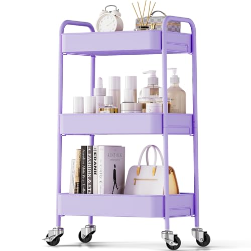 TOOLF 3-Tier Rolling Cart - Metal Utility Storage Organizer with Lockable Wheels, 33 lbs Per Shelf, Tool-Free 5-Min Assembly, for Kitchen Bathroom Office Nursery Craft Room, Purple - color: Purple, size: 3-Tier