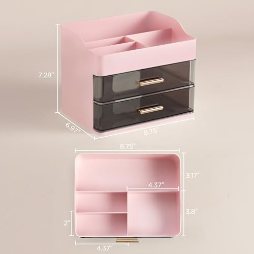 HBlife Makeup Organizer for Vanity with 2 Drawers, Large Plastic Bathroom Countertop Cosmetics Organizer Skin Care Storage, Easy to Store Lipsticks, Nail Polishes, Perfumes, Eyeshadow Palettes, Pink - color: Pink