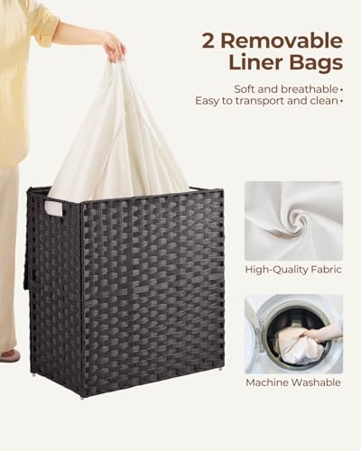 Greenstell Laundry Hamper with lid, No Install Needed, 110L Wicker Laundry Baskets Foldable 2 Removable Liner Bags, 2 Section Clothes Hamper Handwoven Rattan Laundry Basket with Handle, Black - color: Black, size: 110L (22.2x13.3x24.0 Inches)