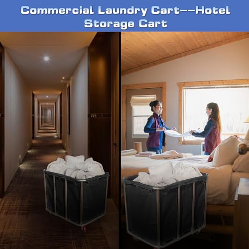 Commercial Laundry Cart with Wheels, 400L Large Capacity Heavy Duty Stainless Laundry Basket,Laundry Sorter for Clothes Storage,330 lbs Load (Black) - color: Black