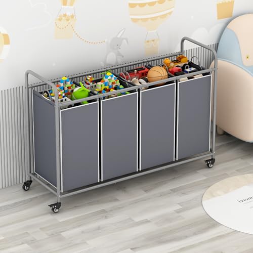 Laundry Basket, 4-Bag Laundry Hamper, Grey Laundry Sorter with Heavy Duty Lockable Rolling Wheels, Laundry Room Organization with Removable Bags Basket Separator for Dirty Clothes Storage - size: 4 Bags Grey