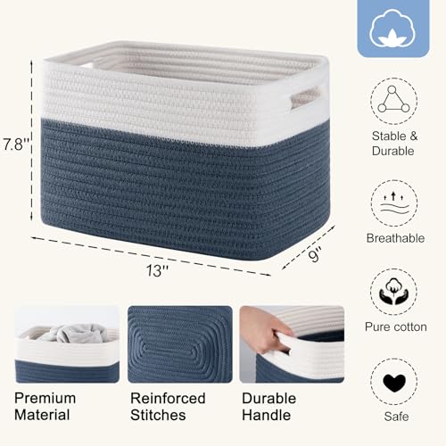 4 Pack Storage Baskets for Organizing, Woven Baskets for Shelves - Perfect for Toys, Books, Towels, and Clothes, Durable Gift Basket Bins Toy Storage, 12.7''L x9''W x7.8''H, Blue and White - color: Blue & White, size: Small/12.7''Lx9''Wx7.8''H