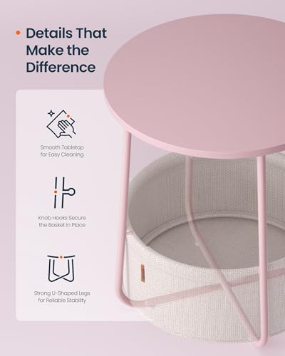 SONGMICS HOME Small Side Tables, Round End Tables, 2 Tier Nightstands with Basket, U Shaped Steel Legs, Easy Assembly, for Living Room, Bedroom, Set of 2, Pink and White - color: Pink + White, size: 2 pack