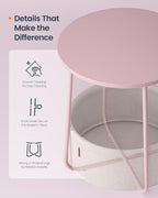 SONGMICS HOME Small Side Tables, Round End Tables, 2 Tier Nightstands with Basket, U Shaped Steel Legs, Easy Assembly, for Living Room, Bedroom, Set of 2, Pink and White - color: Pink + White, size: 2 pack