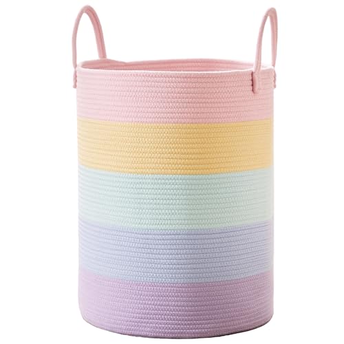 60L Laundry Hamper Basket for Baby Girls and Kids, Pastel Rainbow Unicorn Design, Woven Rope Nursery Basket for Blankets Toys in Playroom, 15Dx20H Inches Large Bedroom Hamper for Clothes - color: Pastel Rainbow, size: Large (60L)