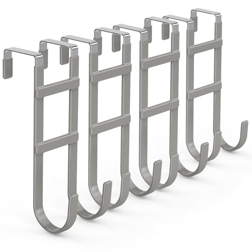 FYY Over The Door Hooks - 4 Pack Heavy Duty Dual-Hook Organizer Hanger for Hanging Towels, Clothes, Hats & Bags Use in Bathroom, Bedroom, Kitchen - Fits Interior Doors Up to 1.6" Grey - color: Gray, size: 7.8" Long, Fit Interior Doors Up to 1.6", style: 4