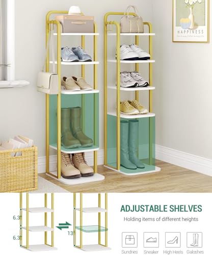 Hzuaneri 6 Tiers Vertical Shoe Rack, Narrow Shoe Tower, Tall Shoes Shelf with 2 Hooks, Adjustable Shelves, Corner Shoes Shelves for Small Spaces, Entryway, Living Room, White Gold SR04213A - color: White Gold, size: 6 Tier(11.8"D x 10.4"W x 39.8"H)