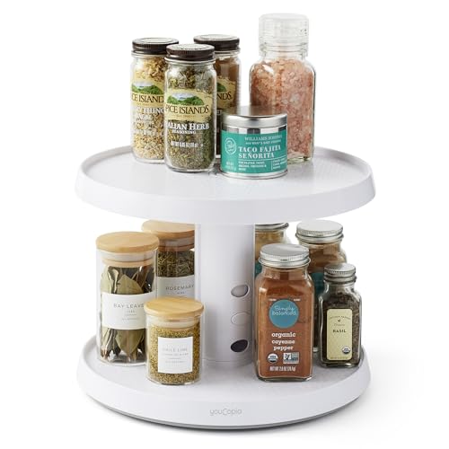 YouCopia Crazy Susan Two-Tier Turntable, Height-Adjustable Lazy Susan Organizer for Kitchen Cabinet and Pantry Organization and Storage, White - size: Two Tier