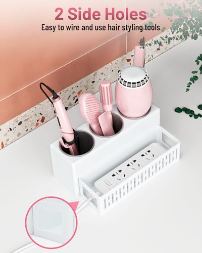 Hair Tool Organizer, Detachable Hair Dryer Holder with 3 Stainless Steel Cups, Wall Mounted Bathroom Organizers and Storage for Accessories, Curling Irons, Straighteners, Toiletries, Makeup - color: White