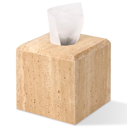 Natural Marble Square Tissue Box Cover,Stone Modern Decorative Sturdy Napkin Box Holder Case,Facial Paper Organizer for Bathroom Vanity Toilet Countertop,Kitchen (1, Travertine, 5.71 * 5.71 * 5.51) - color: Travertine