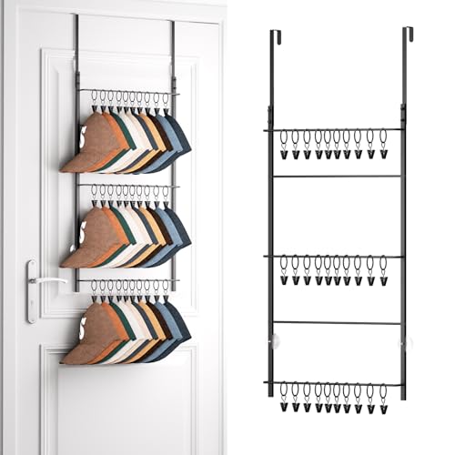HapiRm Over Door Hat Rack - 3 Tier Wall Mounted Hat Organizer with 30 Movable Clips, Baseball Cap Organizer Storage Holds up to 30 Caps for Door, Bedroom, Closet - color: Clips Black, size: 3 Tier