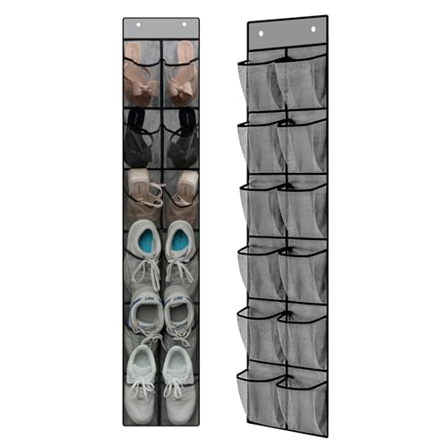MSLOVE Narrow Over The Door Shoe Organizer, 12 Large Mesh Pockets Hanging Shoe Organizer for Closet Organizers and Storage, Grey, 2 Pack - color: Grey