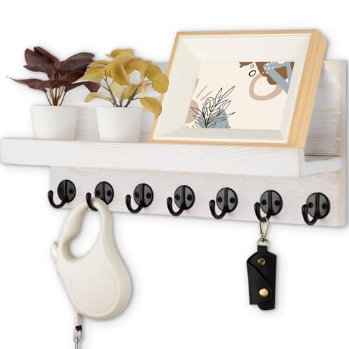 Lwenki Key Holder Wall Mount, Entryway Key and Mail Holder with 7 Sturdy Hooks for Sunglasses, Dog Leash, Decorative Wall Shelf with Mounting Hardware, 15”W x 6.7”H x 4.2”D - color: Vintage White