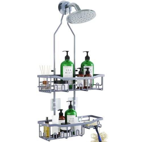 Shower Caddy, Upgraded Extended Length Shower Caddy Over Showerhead No Blocking to Showerhead, Rustproof Bathroom Organizers and Storage with Hooks Shampoo Soap Holder, Large Hanging Caddy - color: Grey - 2 Tier - Standard