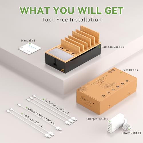 Pezin & Hulin Cable Management Box, Docking Station for Multi Devices, with 5 Ports Charge Adapter and 6 Cables, Wire Organizer for Cords, Box to Hide Cords and Storage Power Strip -Natural + Black - color: Natural+Black