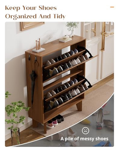 31.5" Shoe Storage Cabinet with 2 Flip Drawers, Narrow Shoe Cabinet for Entryway, Wood Shoe Rack Cabinet for Hallway, Walnut - color: Arched