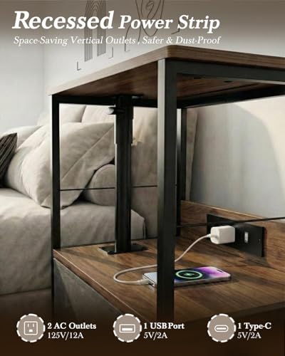 Faesun Swivel Lift Top Nightstand with Charging Station, Rolling Side Table for Recliner, Bedside Table with Wheels & 2 Fabric Drawers, for Small Spaces, for Bedroom, Living Room, Walnut Gray - color: Walnut Gray, size: 2 Drawers