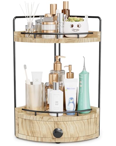 2-Tier Corner Bathroom Counter Organizer with Drawer & Embedded Screw Holes - Wooden Countertop Organizers for Skincare, Makeup Storage, Bathroom Sink Counter Shelf for Vanity, Kitchen, Wood color - color: Wood color