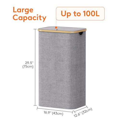 Lifewit 100L Laundry Basket with Lid, Clothes Hampers for Laundry with Bamboo Handles and 1 Removable Bag, Large Foldable Laundry Hamper for Bedroom, Bathroom, Dorm, Laundry Room, Light Gray - color: Light Gray, size: 100L
