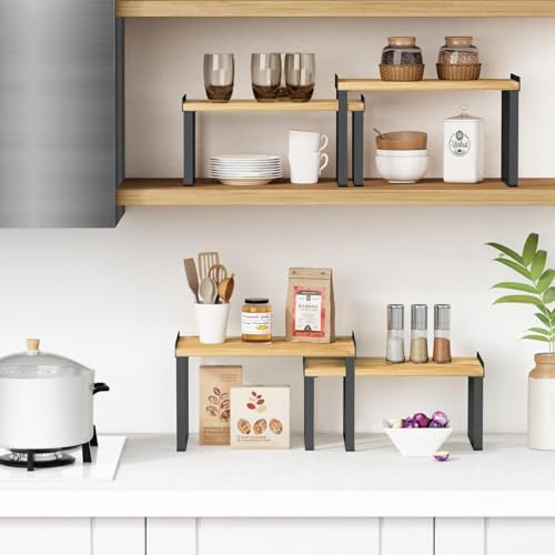 Goozii Kitchen Cabinet Organizer Shelf Set of 4, Pantry Organizers and Storage Shelves for Plates Dishes Cups Mugs, Cupboard Counter Cabinet Shelf Riser for Countertop (Bamboo Wood and Black Metal) - color: Black-bamboo, size: Medium