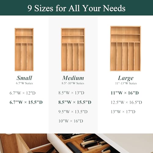 Silverware Organizer, Bamboo Kitchen Drawer Organizer, Utensil Holder, Cutlery Tray & Spoon Flatware Storage with Grooved Drawer Dividers (6.7''W x 15.5''D) - color: Natural, size: 6.7''W x 15.5''D