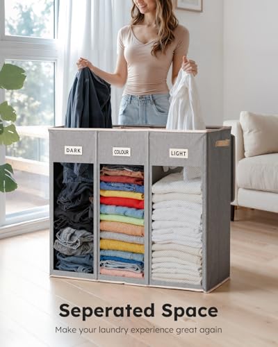 SOLEDI 200L 3-Section Laundry Hamper with Lid, Extra Large Dirty Clothes Basket with Sturdy Handles for Laundry Room & Bedroom - Durable Organizer for Sorting Laundry - color: Grey, size: 200L