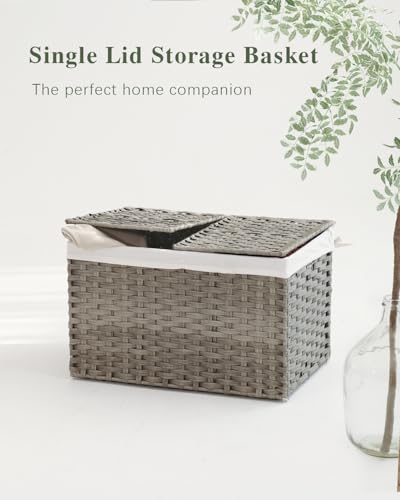 SETVSON Storage Basket with Lid, PE Rattan Woven Storage Baskets with 2 Separate Lids, 17.2 Gallon (65 L), 22.2 x 13 x 13.8 Inches, 2 Removable Liner Bags Handles for Bedroom, Laundry Room Gray - color: Gray, size: 65L-22L*13W*13.8H
