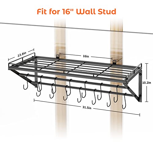OROPY 31 Inch Wall Mounted Pot Rack Storage Shelf with 2 Tier Hanging Rails 14 S Hooks included, Ideal for Pans, Utensils, Cookware - Black - size: 31.5 Inch