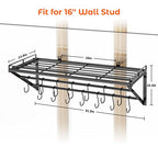 OROPY 31 Inch Wall Mounted Pot Rack Storage Shelf with 2 Tier Hanging Rails 14 S Hooks included, Ideal for Pans, Utensils, Cookware - Black - size: 31.5 Inch