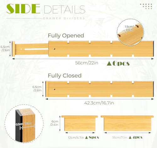 6PCS Bamboo Drawer Dividers with Inserts, Expandable Kitchen Utensil Drawer Organizers,Adjustable drawer organizer for deep drawers Dresser Closet Underwear Storage Bedroom Bathroom Drawers(16.6"-22") - color: 6 Pack
