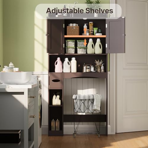 Gizoon Over The Toilet Storage Cabinet, 66''H Over Toilet Storage Cabinet, with Paper Holder, Adjustable Shelves, 2 Doors, Over Toilet Bathroom Organizer, 2 Side Hooks, Space-Saver, Dark Brown - color: Dark Brown