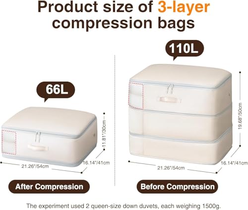 DIMJ Comforter Storage Bag - 110L Large Capacity Ultra Space Saving Self Compression Organize for Duvet, Pillow, Bedding, Blanket Storage Organizer Nylon Compression Bags, Sheet Storage - color: Beige, size: 110L x 2 Pack