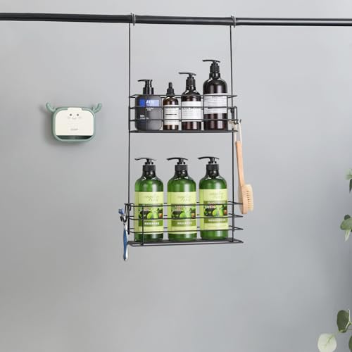 Shower Organizer Hanging Shower Caddy with Rotatable Hook bar Over the Door and Can be Hung on the Faucet or Claw Foot, Stainless Steel Rust Proof and Durable （Black） - color: Black, size: 2-Tier
