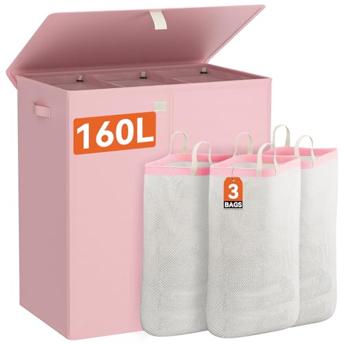 WOWLIVE Laundry Hamper with Lid,160L Large Laundry Basket 3 Section with Removable Washing Bags,Collapsible Waterproof Dirty Clothes Hamper for Laundry Room Bathroom Dorm,Pink - color: Pink, size: 160L (24.8x 14 x 27.5 Inches)