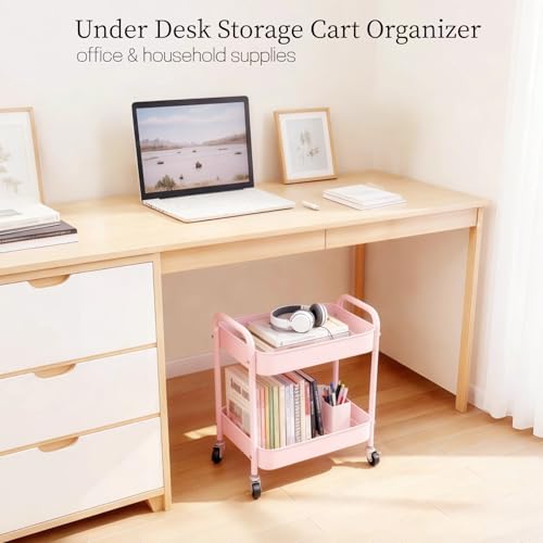 Pink 2 Tier Rolling Cart Metal with Wheels Under Desk Storage Cart for Small Space Organization, Small Trolley for Pantry Room Laundry Bathroom Kitchen Office Art Snack Baby Supplies - color: Pink