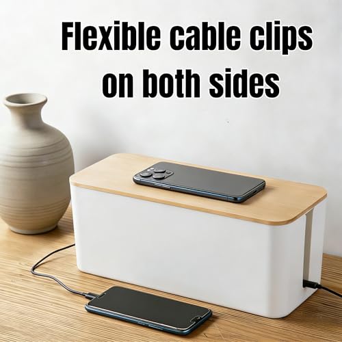 1 Large + 1 Small Cable Management Box Set – 2-Piece Cord Organizer Box, Home Office Desk Wire Storage & Cable Management Solution (Bamboo Lid/White) - color: Bamboo Lid/White