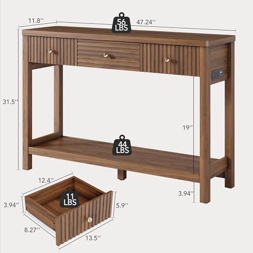 47 Inch Fluted Console Table with Outlets and USB-C Port, Mid Century Modern Sofa Table with 3 Drawers and Open Shelf, Entryway Table with Charging Station for Behind Couch, Hallway, Foyer, Walnut - color: Walnut