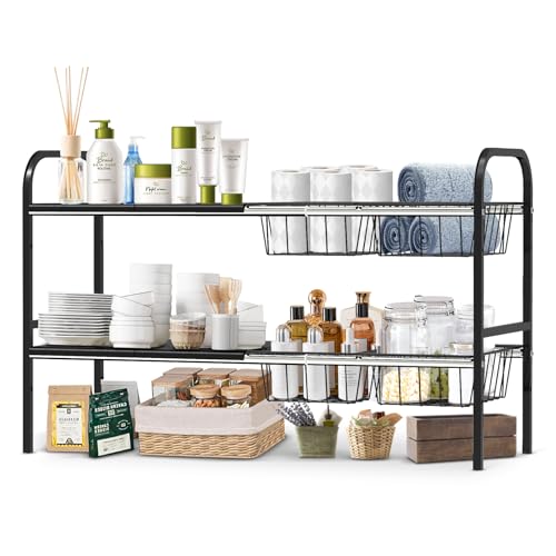 Expandable 2-Tier Under Sink Organizer, 8 Removable Plastic Boards, Tool-Free Installation (Black, 2-Tier 4 Boards and 4 Baskets) - color: Black, size: 2-TIER 4 Boards and 4 baskets