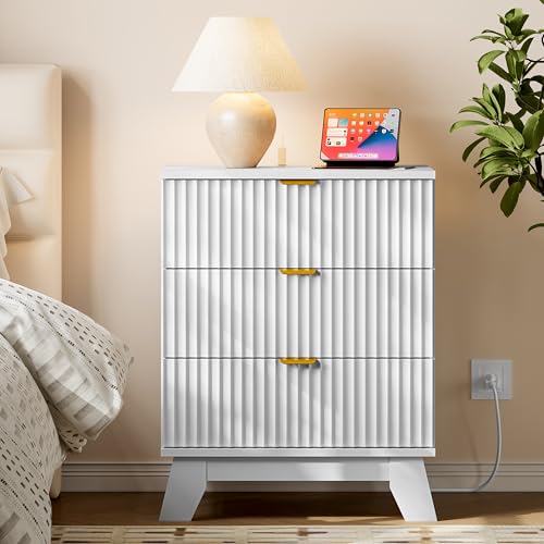 BORNOON 30.5" Nightstand with Charging Station, 3-Drawer Fluted Bedroom Chest, Wood Bedside Dresser with Power Outlets and USB Ports, Metal Slides, Stable Base, Modern Storage Cabinet for Small Spaces - color: Pure White, size: 3-Drawer with Strip