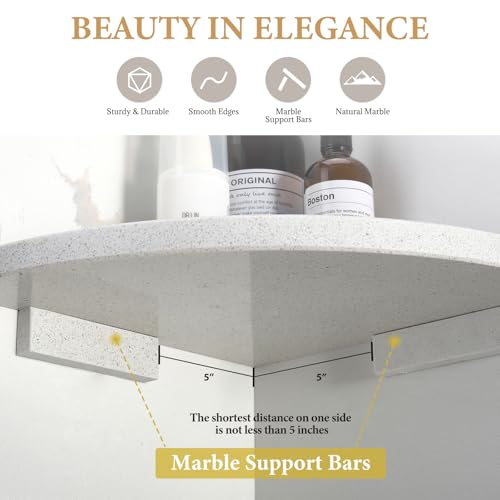 Koville 2 Pcs Wall Mounted White Marble Corner Shower Shelf for Bathroom, 10'' Polished Marble Corner Shelves for Bath, Stone Corner Shower Caddy - White Cliff (No Glue Included) - color: White Cliff, size: 2-Layer