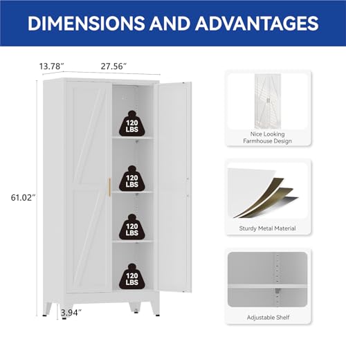 COFaR 61'' Tall Metal Storage Cabinet, Farmhouse Kitchen Pantry Cabinet with Doors and 3 Adjustable Shelves, White Metal Cabinets for Kitchen, Bathroom, Laundry, Garage, 4-Tier - color: White, size: 61 Tall 2 Doors-Tree Door