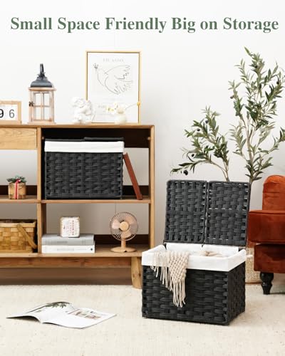 SETVSON Storage Basket with Lid Woven Wicker Baskets with 2 Separate Lid, 9.2 Gallon (35 L) Wicker Storage Bins with Handles, Foldable and 2 Removable Liner Bags for Bedroom, Laundry Room Black - color: Black, size: 35L-15.7L*11.8W*11.8H