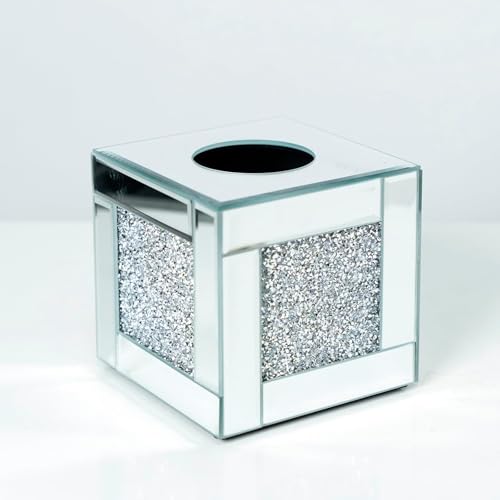 Mirrored Tissue Box Cover Holder, Square Glass Facial Tissue Holder with Crushed Diamond Crystals, Luxury Facial Paper Organizer Dispenser for Bathroom, Vanity Countertop, Tabletop, Silver