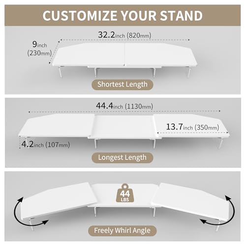 AFOOYO LED Dual Monitor Stand Riser for 2 Monitors,Office Desktop Wooden Stand Adjustable Length and Angle 3 Shelf,Extra Long Multifunctional Stand up to 44.4" for Computer,Laptop,TV,White - color: White, size: Dual