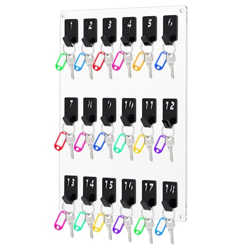 Beeveer Acrylic Key Board with 18 No. Hooks Wall Mount Key Rack Holder Hanger Storage Collection for School, Garage, Car Dealer, Office, Hotel, Real Estate(Transparent) - color: Transparent, size: 18 Hooks