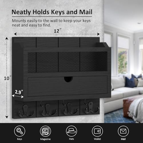 Nekon Mail Organizer with Drawer for Wall, 12"W x 10"H x 3.1"D Mail Sorter Wall Mounted, Wooden Key Holder Wall File Organizer Letter Sorter for Letter Magazines (Black) - color: Black