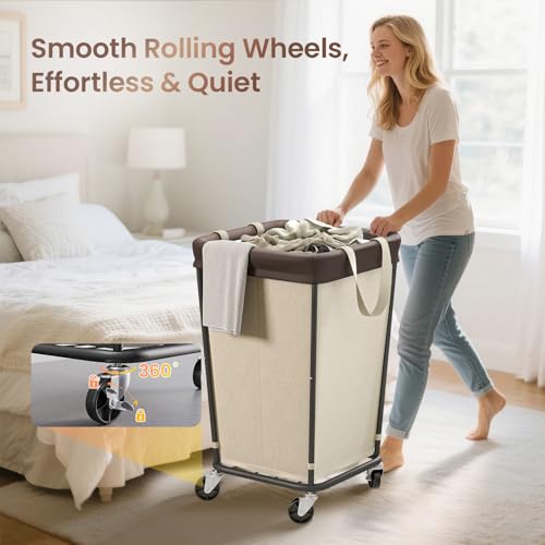 160L Laundry Basket with Wheels, 2-section Rolling Laundry Basket, Large Laundry Hamper with Wheels, Rolling Laundry Hamper Clothes Hamper for Home, Bathrooms and Dorm(Beige) - color: 2 Section-Beige, size: 160L
